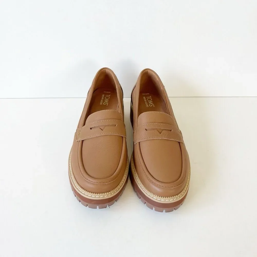 TOMS Cara Slip On Lug Platform Penny Loafers Flats Leather Camel Brown Size 9.5 - Picture 8 of 14